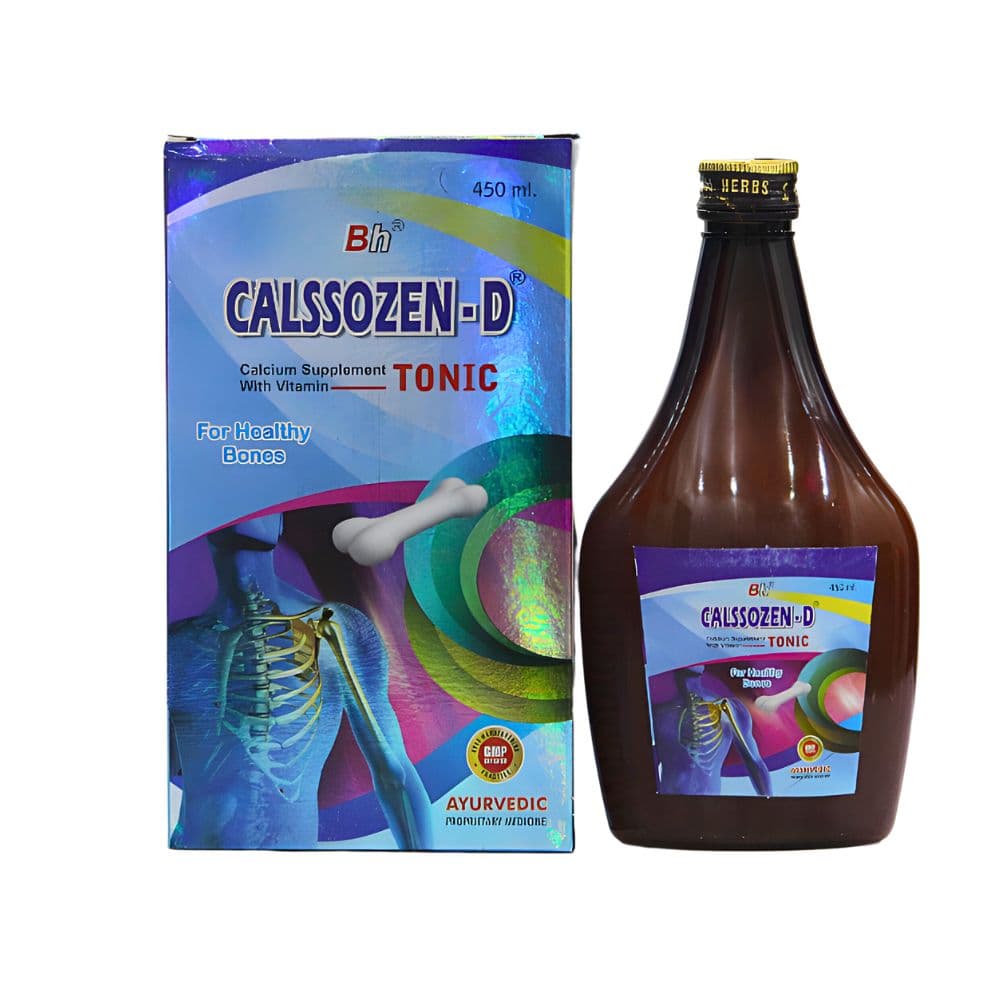 Calssozen-D is product main image. And it is Calcium Supplement With Vitamin Tonic. Ayurvedic Calssozen-D  helps to enhance calcium absorption and bone mineralization, osteoporosis, strong bones Calcium is an essential mineral that plays a crucial role in maintaining strong bones and teeth, nerve function, and muscle function.Vitamins are organic compounds that are necessary for many bodily functions, including growth and development, immune system function, and metabolism