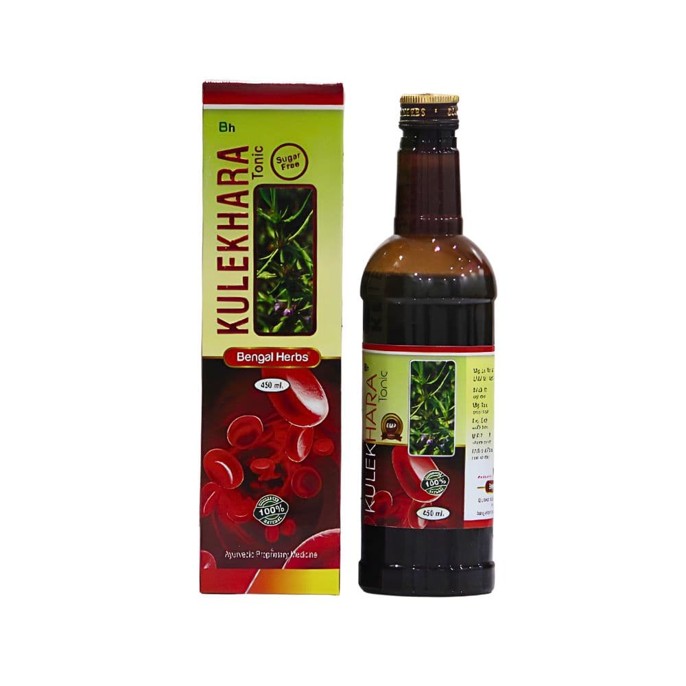 Kulekhara Tonic is product main image. And it is Sugar Free. Bengal Herb's Kulekhara Tonic, a traditional Ayurvedic syrup, is crafted with the essence of Kulekhara, an herb known for its medicinal propertiesIt promotes digestive health and overall vitality, offering holistic wellness benefits